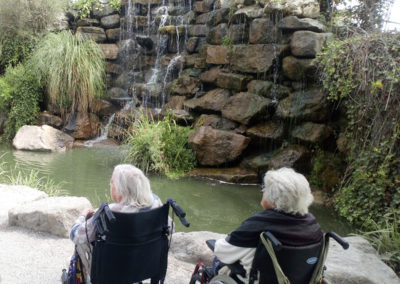 Residents in wheelchairs admiring a waterfall and pond with koi carp