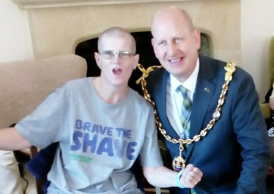 Staff member at Loose Valley with a freshly shaved head raising money for Macmillan Cancer Support
