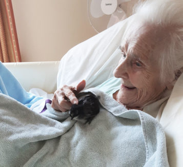 Loose Valley Care Home lady cuddling with a baby chick