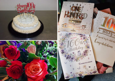 Birthday cake, flowers and cards at Loose Valley Care Home