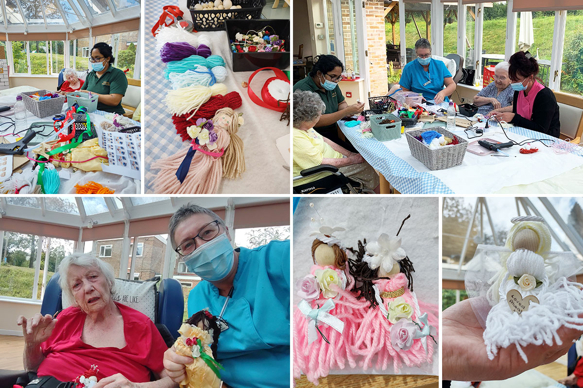 Residents and staff at Loose Valley Care Home making woollen dolls and angels