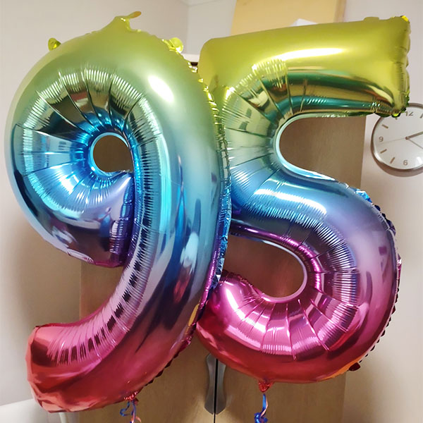 Foli birthday balloons celebrating a 95th birthday at Loose Valley Care Home