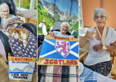 Residents with Scottish themed decorations at Loose Valley Care Home