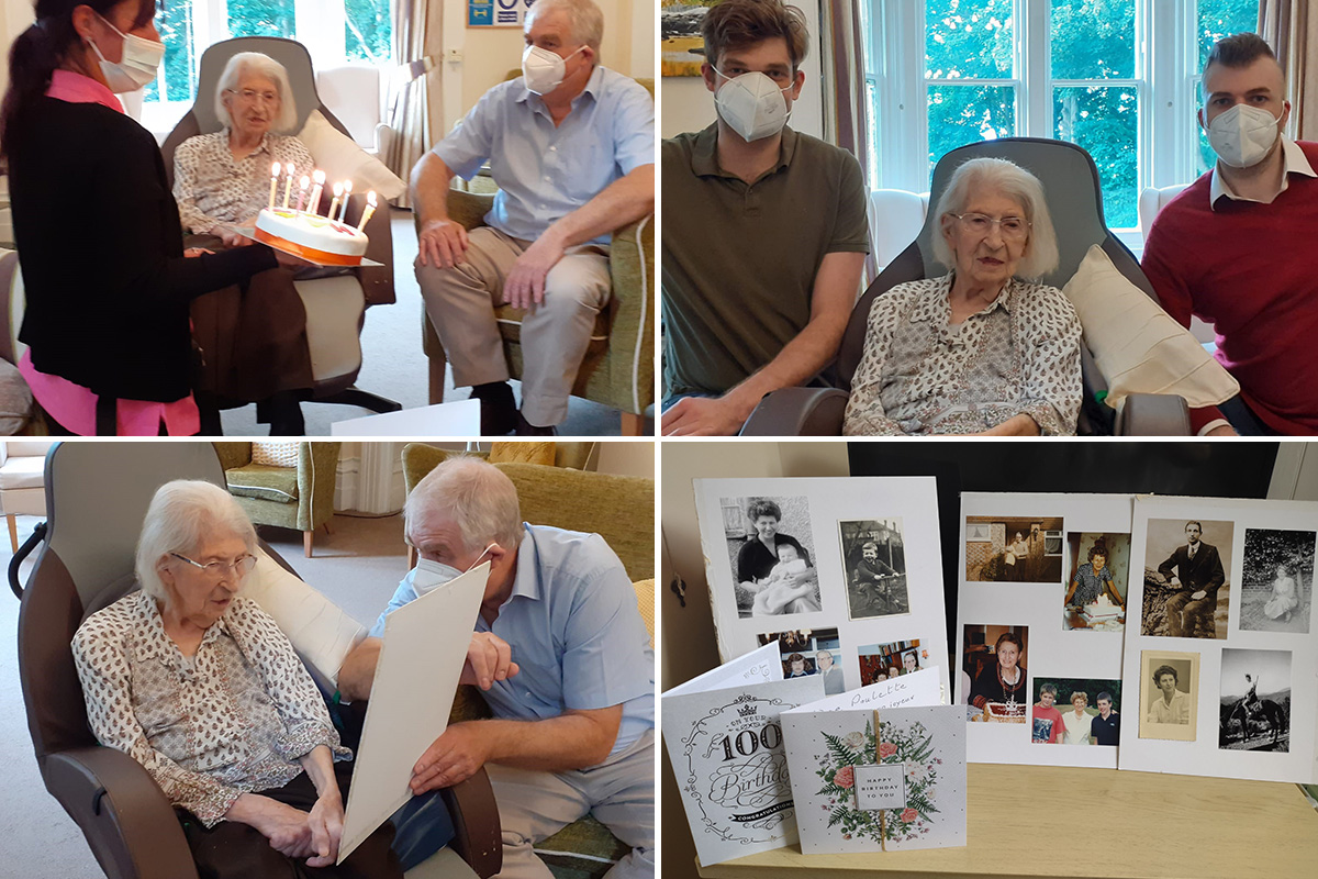 Paulette celebrating her 100th birthday with family at Loose Valley Care Home