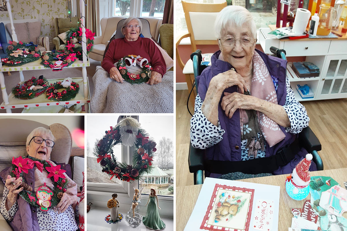 Loose Valley Care Home residents enjoying their Christmas wreaths and writing Christmas cards
