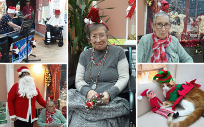 Residents and team members at Loose Valley Care Home enjoy Elf Day with festive hats, music, Santa costumes and Billy the cat dressed as an elf.