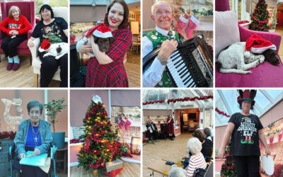 Residents and team members at Loose Valley Care Home enjoy a Christmas Jumper Day singalong with PJ and Rose, featuring live music and festive decorations.